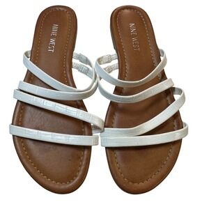 Nine West Leonnat White Croc Embossed Strappy Flat Slide Sandals Womens 6.5M
